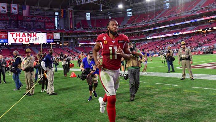 Arizona Cardinals wide receiver Larry Fitzgerald leaves the field after beating the Cleveland Browns at State Farm Stadium.